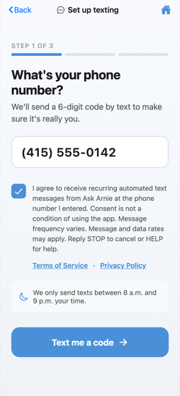 App screen: consent checkbox checked with the full disclosure visible and the Text me a code button enabled